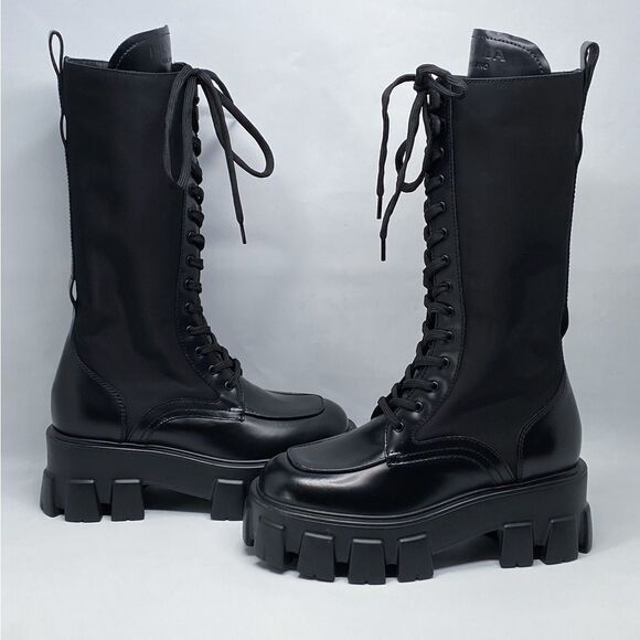Prada Lug-Sole Tall Leather Combat Boots size 35 - Picture 1 of 16